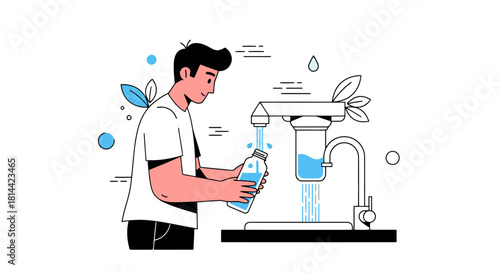 Man Filling a Water Bottle from a Water Purifier Illustration