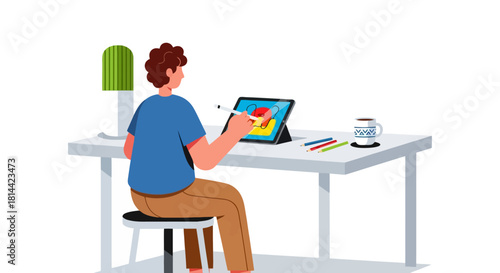 Digital Artist at Work Creating Vibrant Graphics on Tablet in Modern Workspace