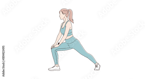 Young woman stretching her legs in a fitness pose, demonstrating a dynamic lunge exercise for flexibility and strength