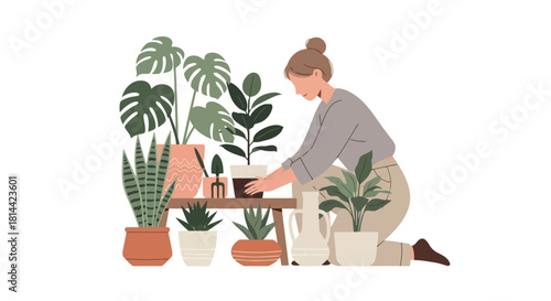 Woman tending to plants a serene illustration of indoor gardening with potted greenery