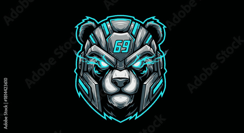 A futuristic robotic bear head mascot with glowing blue eyes and metallic details against a solid black background.