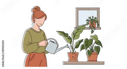 Vector illustration of a woman enjoying her hobby of caring for houseplants, watering green potted plants in her home