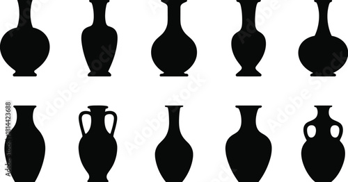 PrintSet of Traditional and Classical Vase Silhouettes Vector, Ancient Greek Pottery, Amphora, and Decorative Vessel Shapes for Art