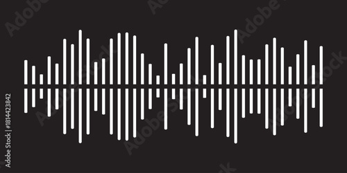 Black podcast sound wave patterns with varying amplitude bars for audio visualization and media interfaces. Digital frequency lines on white bg for music players, recording apps or broadcast design