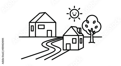 A Simple Countryside Doodle Illustration With Sunshine