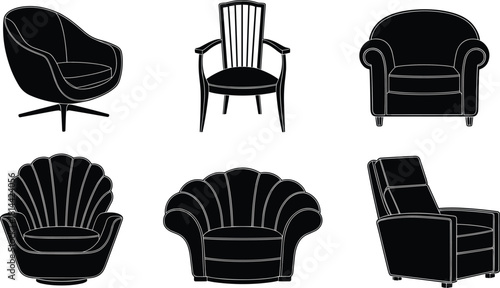 PrintSwivel Chair, Shell Chair, and Recliner Silhouettes Vector Set, Diverse Vintage and Modern Furniture Icons for Interior Decor Design