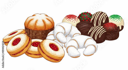 A delightful assortment of pastries including cookies croissants cake and chocolate truffles displayed together