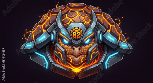 Digital illustration of a futuristic head mascot with glowing blue eyes and orange neon lines on a metallic gray and brown helmet against a black background.