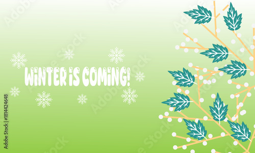 Artistic representation of serene winter nature with elegant frosted branches and gentle snowflakes adorning a soft emerald and lime background, evoking a calm and beautiful seasonal transition