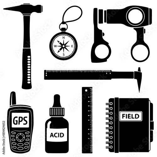 Collection of geology and field research tool icons isolated on