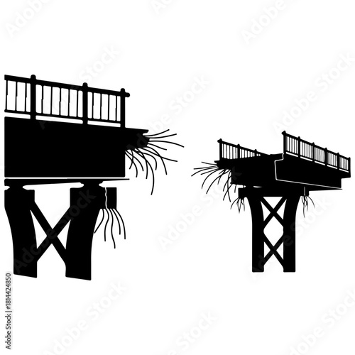 Silhouette of a broken wooden bridge with missing section isolated on