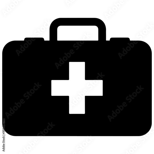Black first aid kit icon with white cross isolated on