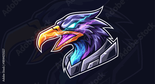 Close-up of a colorful eagle head mascot with purple, blue, and orange feathers on a dark background with a metallic logo.