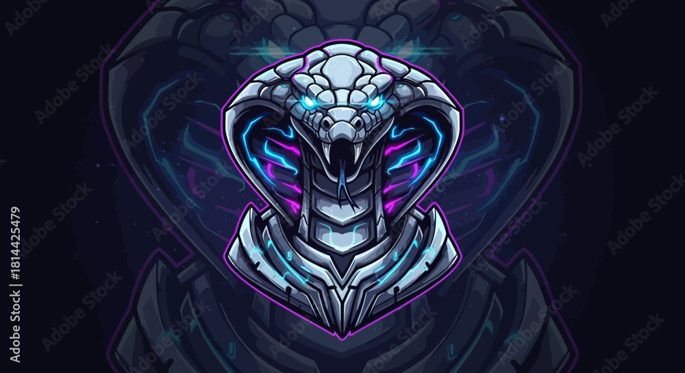 Fototapeta premium A digital illustration of a futuristic snake head mascot with neon blue and purple accents against a dark background.