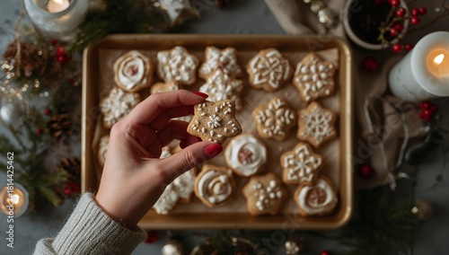 Enjoying Festive Cookies on a Tray With Candles and Decorations During the Ho...