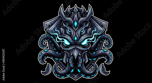 A digital illustration of a dark, mythical sea creature head mascot with glowing blue eyes and tentacles on a black background with blue accents.