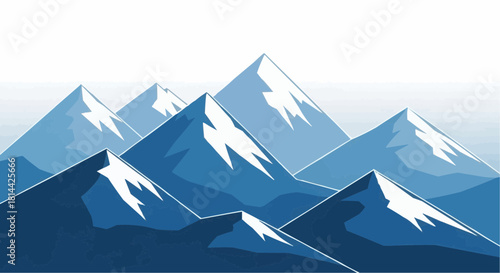 Illustration of a mountain range with snow capped peaks and a gradient blue color scheme on a white background
