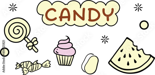 Hand drawn candy assortment with text lollipop cupcake
