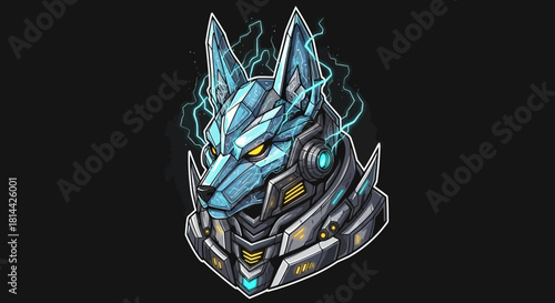 A digital illustration of a futuristic dragon head mascot with blue and silver metallic details, glowing yellow eyes, and fiery effects on a black background.