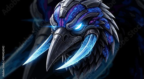 Digital illustration of a futuristic bird head mascot with glowing blue eyes and sharp beak against a dark background with neon accents.