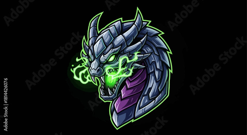 Digital illustration of a fierce dragon head mascot with green fire breathing out of its mouth against a black background.