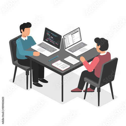 Isometric two male developers sit opposite at office table coding on laptops, collaborating on project, taking notes, creating software