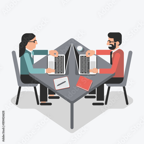 Two business people sit opposite each other at square table using laptops and discussing work during office meeting or collaboration, flat vector illustration