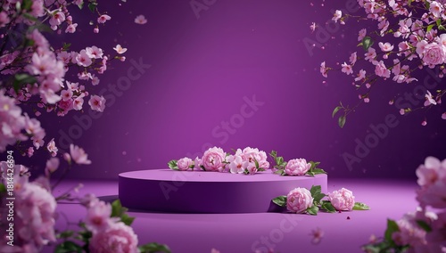 Beautiful Pink Flowers Arranged on a Purple Podium Against a Vibrant Backdrop...