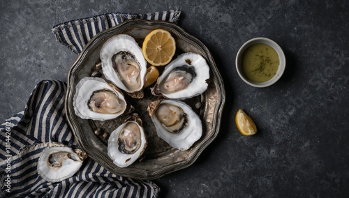 Fresh Oysters Served on a Silver Platter With Lemon Slices and Dipping Sauce ...