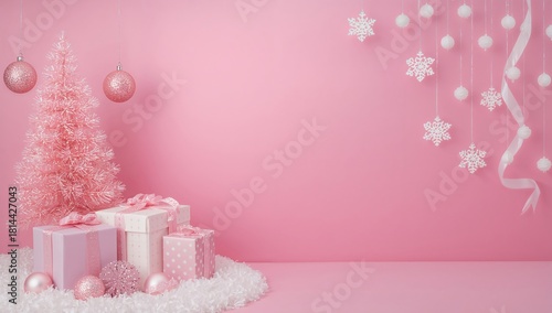 Festive Pink Holiday Display With Decorated Tree and Gifts for Cheerful Celeb...