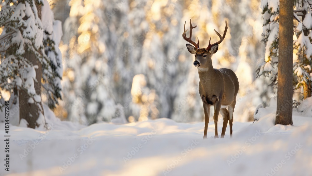 Naklejka premium Buck deer standing in a snowy forest during golden hour