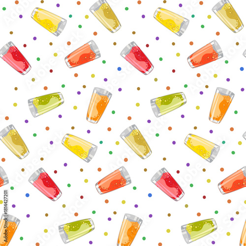 Glasses with multi-colored juices in a pattern.Vector seamless pattern with multi-colored juices in glasses on a white background.