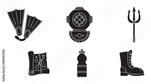 Set of black glyph icons for adventure and exploration, including a vintage diving helmet, flippers, trident, treasure map, water bottle, and boot
