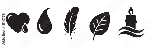 Minimalist collection of five black silhouette icons representing nature, emotion, and spirituality, featuring a heart, drop, feather, leaf, and a burning candle