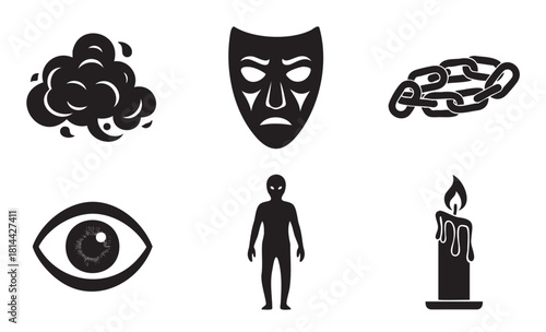 Collection of six black silhouette icons representing mystery and horror themes, including a tragic mask, chains, an eye, an alien figure, a candle, and smoke