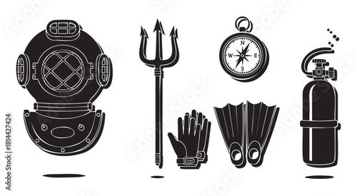 Set of monochrome vector icons for deep-sea diving, including a retro helmet, trident, compass, gloves, flippers, and an aqualung