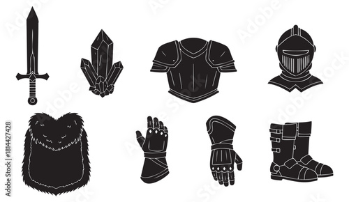 Monochrome illustration set of fantasy warrior items featuring a sword, helmet, chestplate, gauntlets, boots, fur cloak, and crystals for a role-playing game