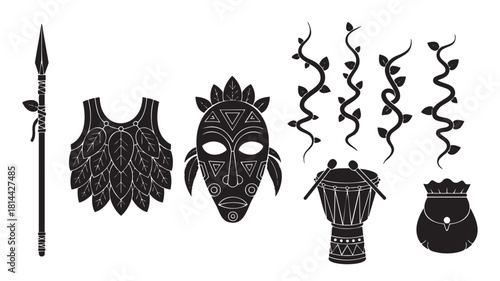 Collection of black silhouette icons representing tribal culture, including a mask, spear, drum, and leaf armor
