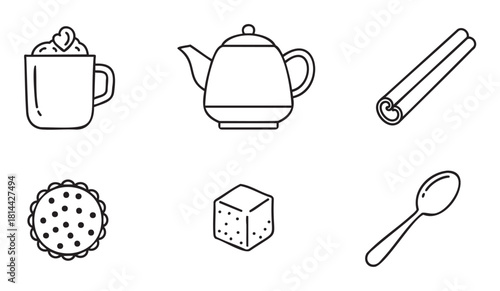 Set of minimalist black line art icons featuring a cozy hot beverage, teapot, cinnamon stick, cookie, sugar cube, and spoon