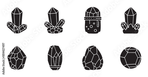 Collection of black silhouette icons featuring various geometric crystals, faceted gemstones, and mineral formations