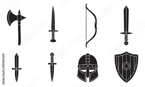 Collection of medieval warrior armament icons, featuring black silhouettes of a sword, axe, bow, shield, and helmet