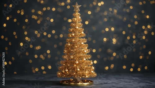 Golden Christmas Tree Shines Bright With Festive Lights in a Cozy Indoor Setting