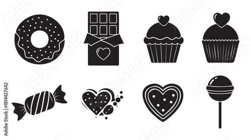 Minimalist set of black silhouette icons featuring various sweet desserts and confectionery like donuts, chocolate bars, cupcakes, and candies