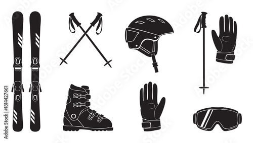 Collection of black and white vector icons showing essential alpine skiing equipment, including skis, poles, helmet, boots, gloves, and goggles