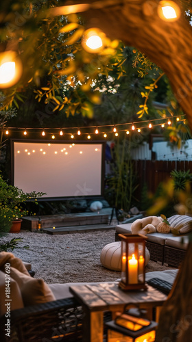 A cozy outdoor setting with string lights and a projector screen, perfect for movie nights under the stars