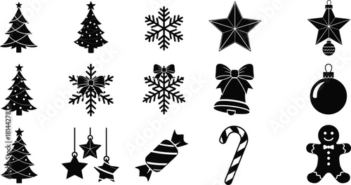 Black and White Christmas Icon Set, Holiday Symbols and Decorations, Minimal Line Art Trees, Snowflakes, Stars, Ornaments, Bells, Candy, Gingerbread