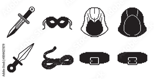 Collection of pixel art icons for a fantasy assassin or rogue character, including daggers, a mask, a hood, a rope, and a belt