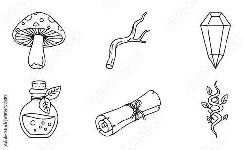 Collection of hand-drawn esoteric symbols for witchcraft and alchemy, featuring a potion, mushroom, crystal, scroll, branch, and vine in a minimalist black outline style