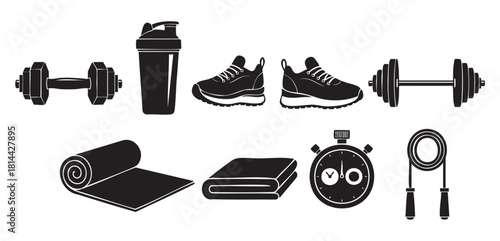 Monochrome vector icon set of gym and fitness equipment including dumbbells, sneakers, a protein shaker, exercise mat, stopwatch, and jump rope
