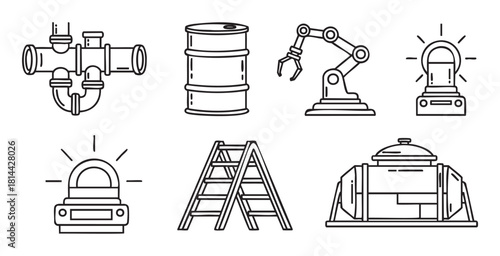 Collection of industrial and manufacturing line art icons featuring a robotic arm, barrel, pipes, ladder, and emergency lights